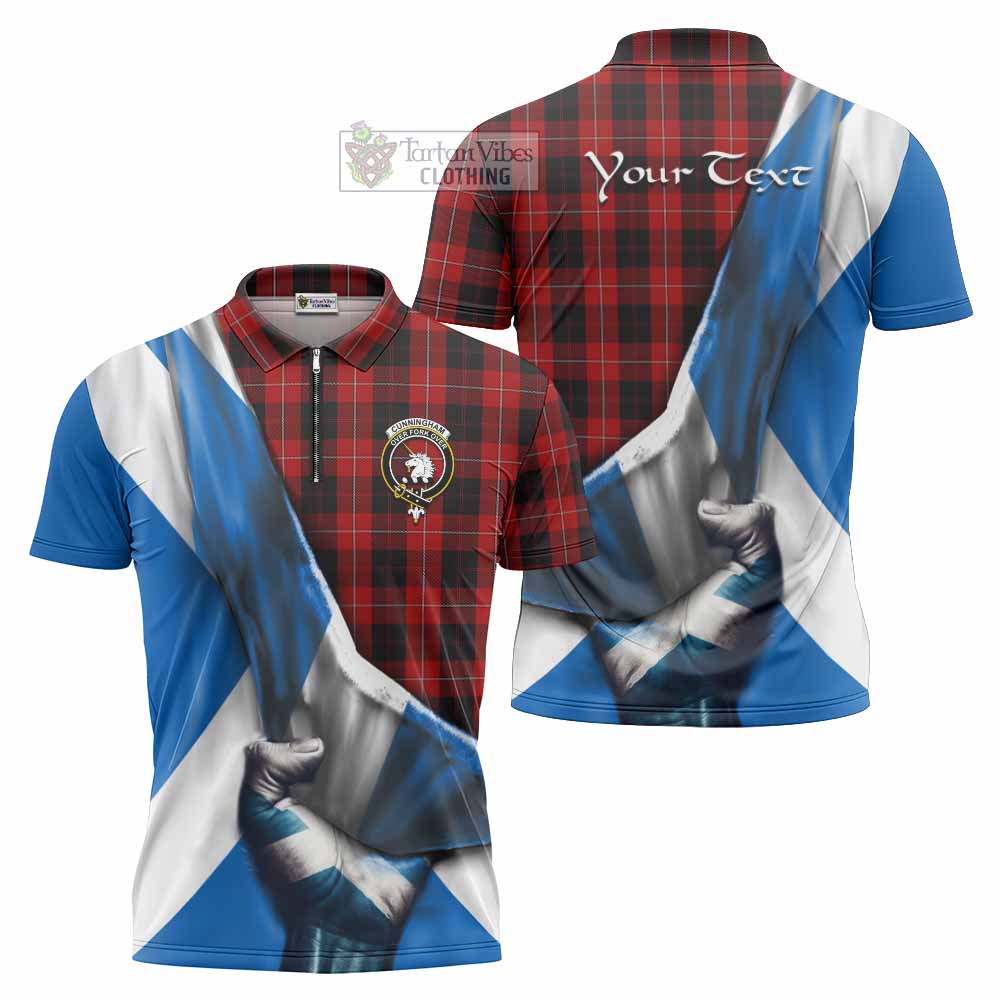 Tartan Vibes Clothing Cunningham Tartan Zipper Polo Shirt with Family Crest Scotland Patriotic Style