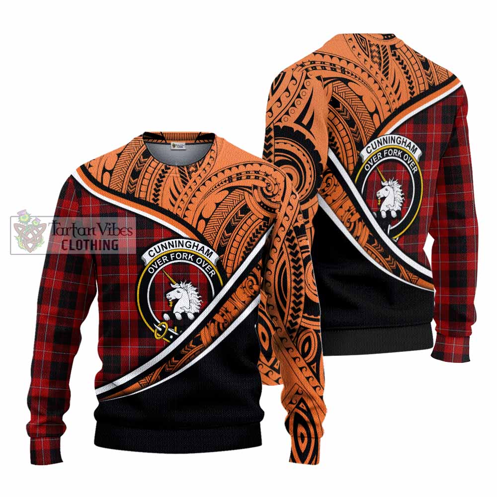 Tartan Vibes Clothing Cunningham Crest Tartan Knitted Sweater with Maori Tattoo Style - Orange Version