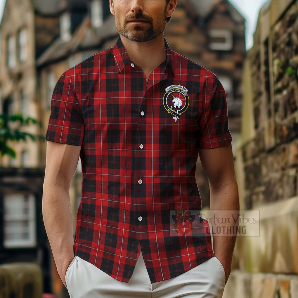 Tartan Vibes Clothing Cunningham Tartan Short Sleeve Button Shirt with Family Crest and Bearded Skull Holding Bottles of Whiskey