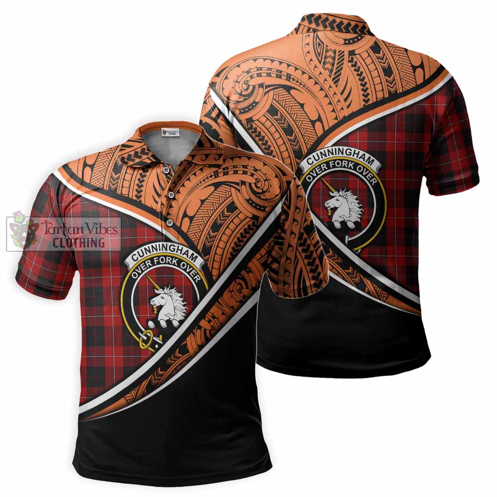 Tartan Vibes Clothing Cunningham Crest Tartan Polo Shirt with Maori Tattoo Style - Orange Version