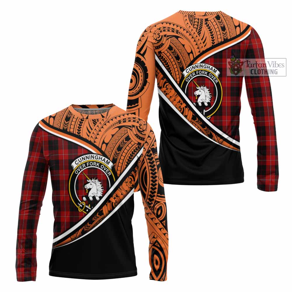 Tartan Vibes Clothing Cunningham Crest Tartan Long Sleeve T-Shirt with Maori Tattoo Style - Orange Version