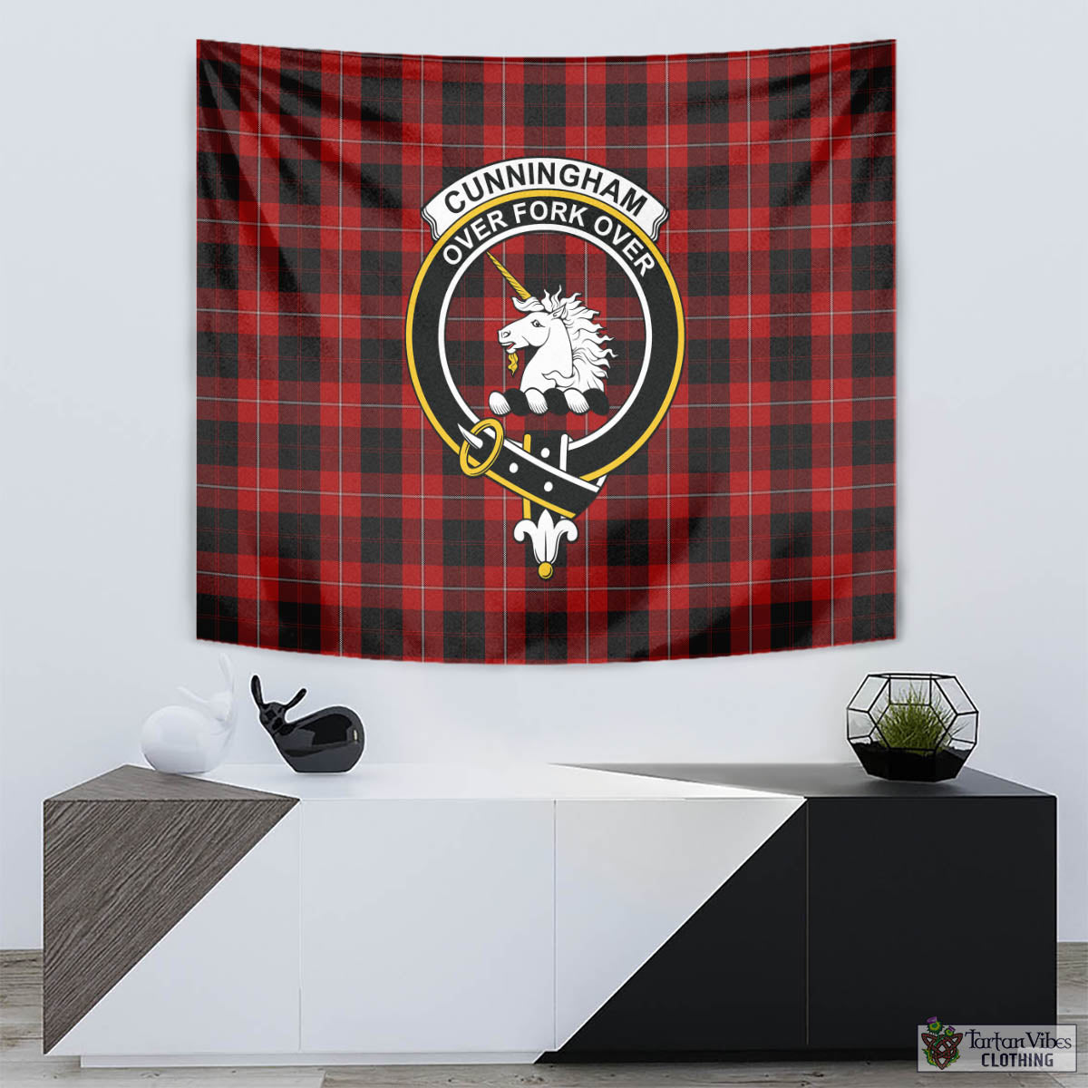 Tartan Vibes Clothing Cunningham Tartan Tapestry Wall Hanging and Home Decor for Room with Family Crest