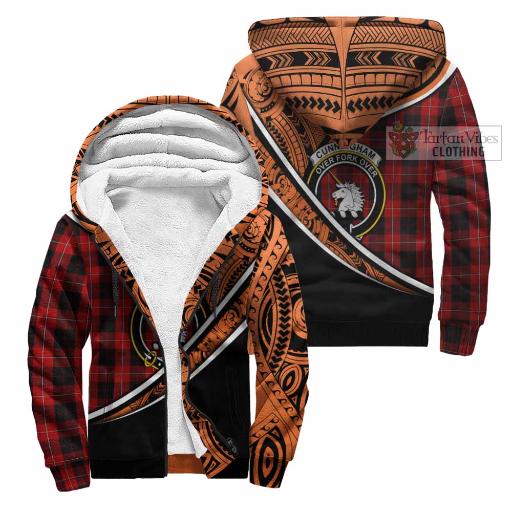 Tartan Vibes Clothing Cunningham Crest Tartan Sherpa Hoodie with Maori Tattoo Style - Orange Version