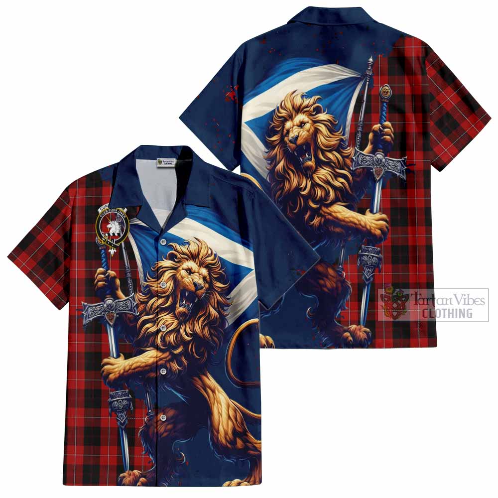 Tartan Vibes Clothing Cunningham Tartan Family Crest Short Sleeve Button Shirt with Scottish Majestic Lion