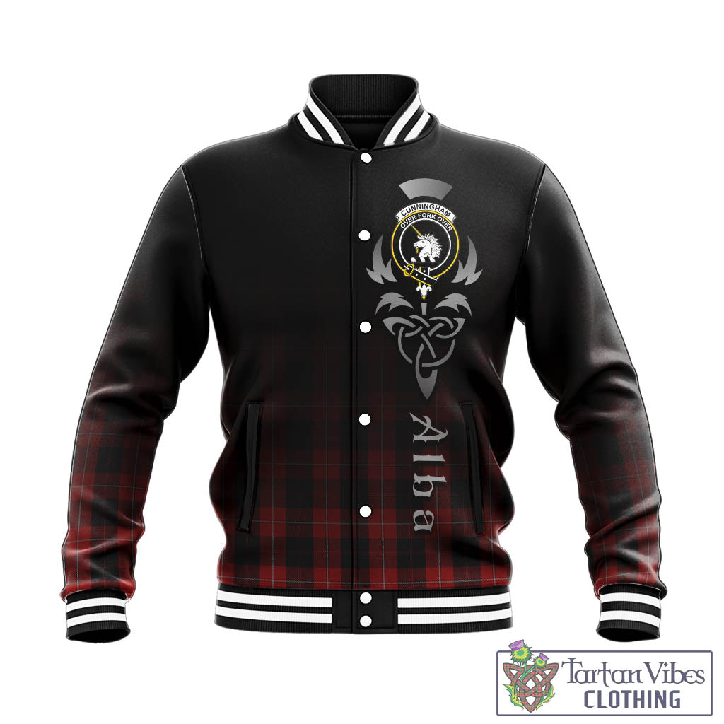 Tartan Vibes Clothing Cunningham Tartan Baseball Jacket Featuring Alba Gu Brath Family Crest Celtic Inspired