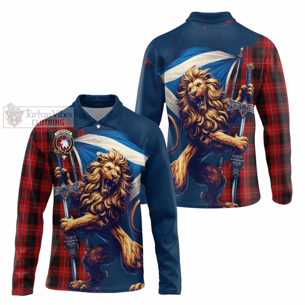 Tartan Vibes Clothing Cunningham Tartan Family Crest Long Sleeve Polo Shirt with Scottish Majestic Lion