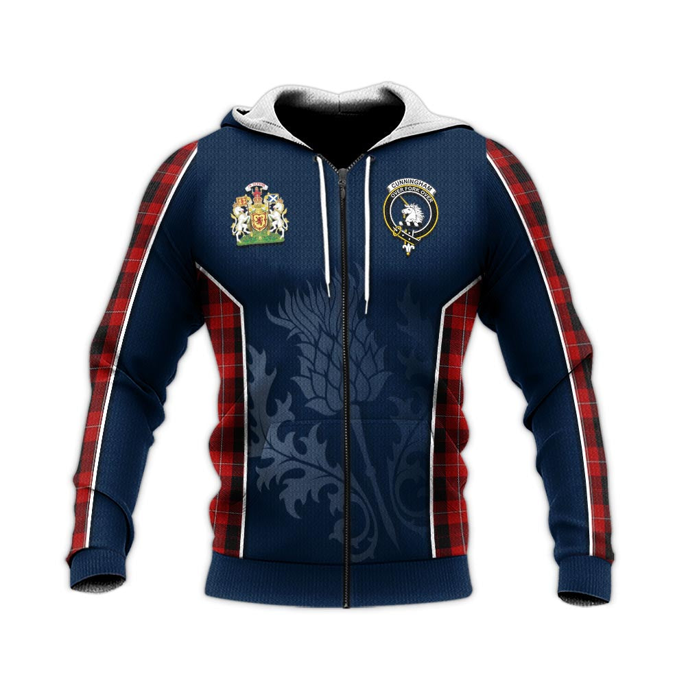 Tartan Vibes Clothing Cunningham Tartan Knitted Hoodie with Family Crest and Scottish Thistle Vibes Sport Style