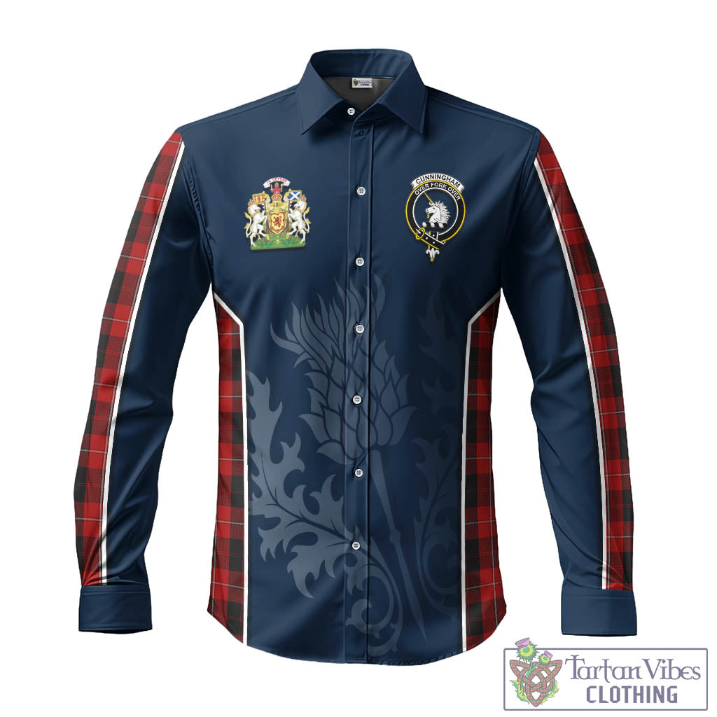 Tartan Vibes Clothing Cunningham Tartan Long Sleeve Button Up Shirt with Family Crest and Scottish Thistle Vibes Sport Style