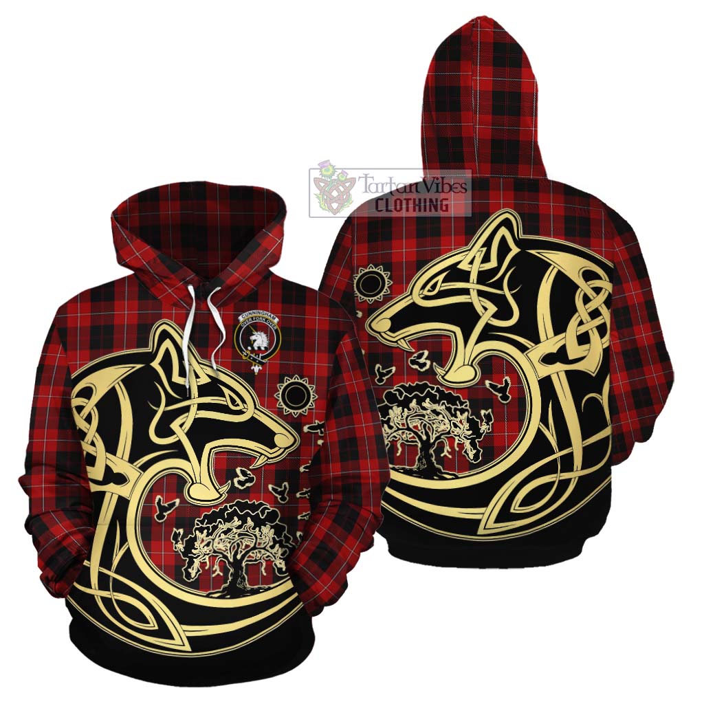 Tartan Vibes Clothing Cunningham Tartan Cotton Hoodie with Family Crest Celtic Wolf Style