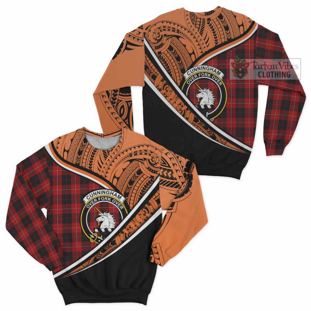 Tartan Vibes Clothing Cunningham Crest Tartan Sweatshirt with Maori Tattoo Style - Orange Version