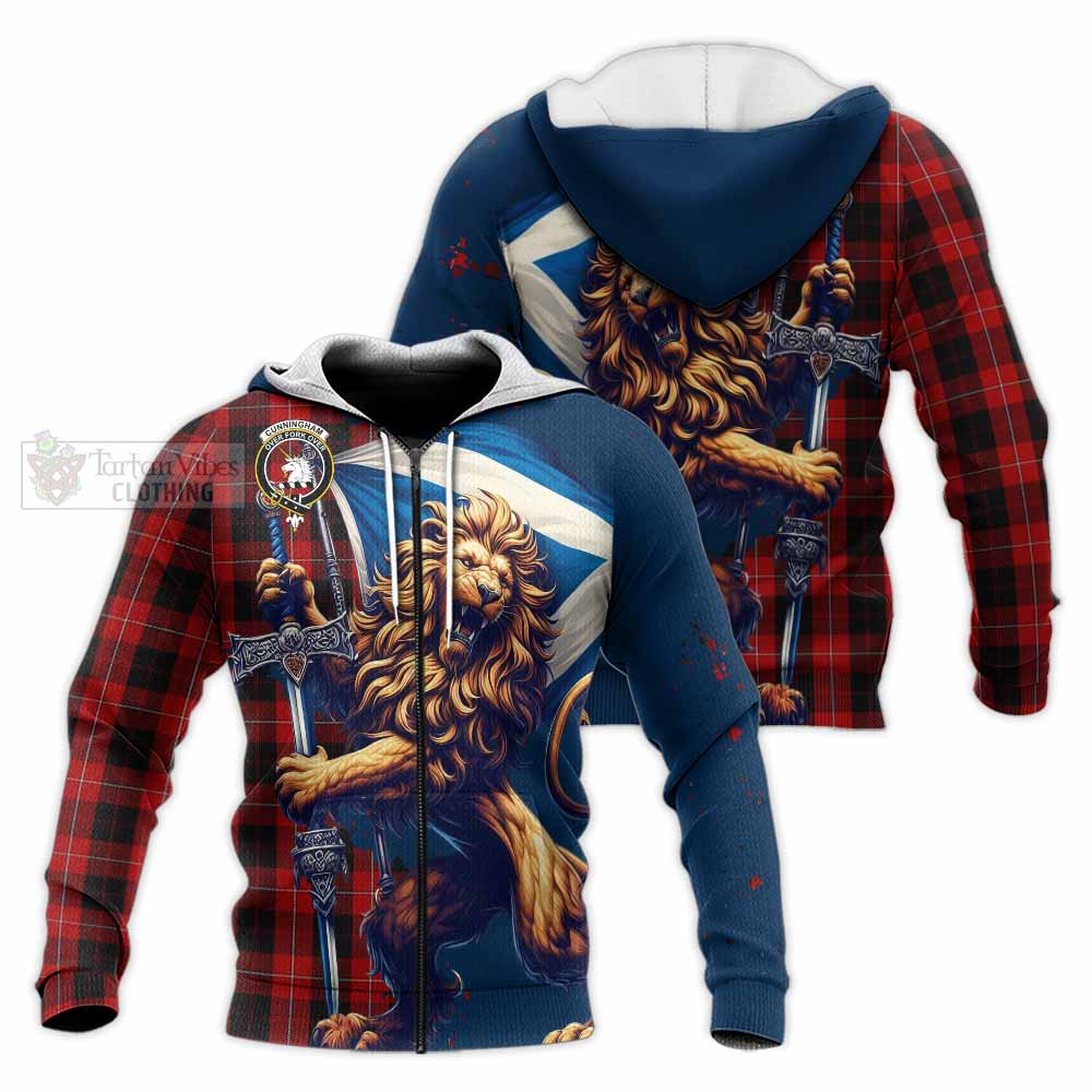 Tartan Vibes Clothing Cunningham Tartan Family Crest Knitted Hoodie with Scottish Majestic Lion