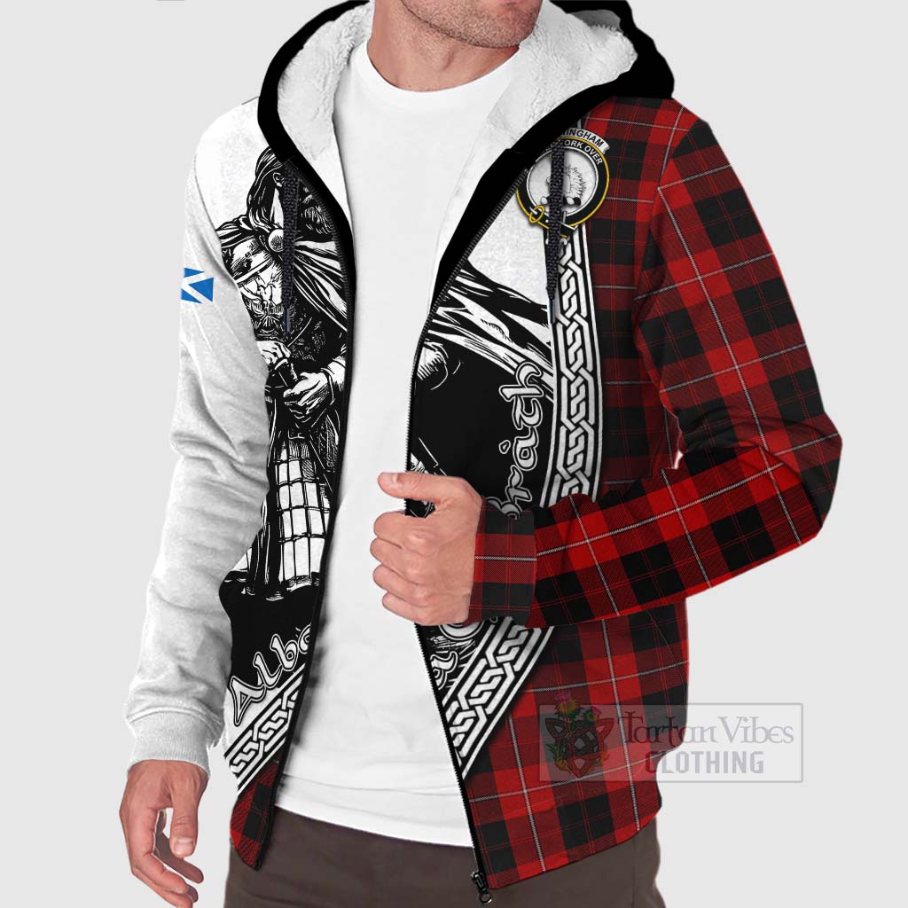 Tartan Vibes Clothing Cunningham Tartan Clan Crest Sherpa Hoodie with Highlander Warrior Celtic Style