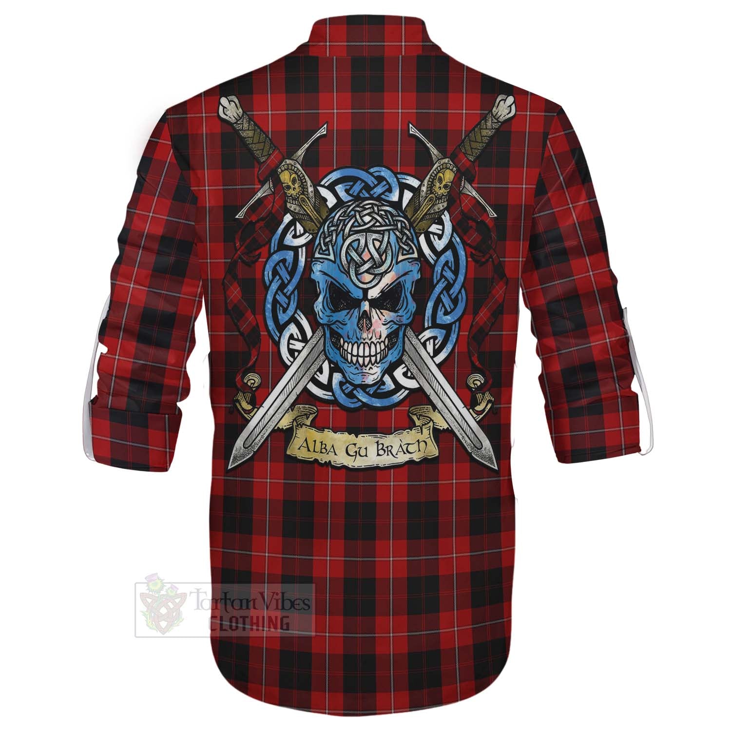 Tartan Vibes Clothing Cunningham Tartan Ghillie Kilt Shirt with Family Crest Celtic Skull Style