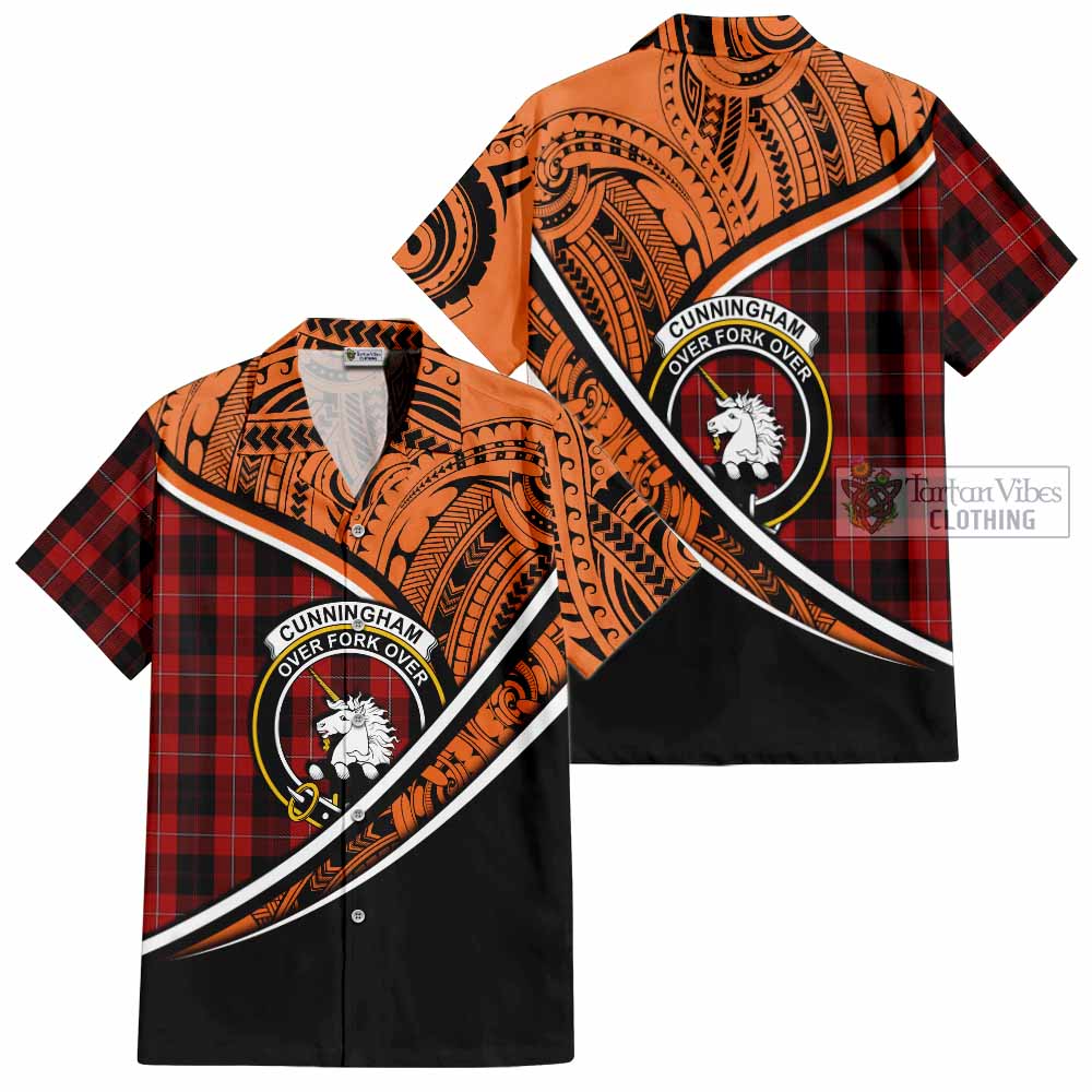 Tartan Vibes Clothing Cunningham Crest Tartan Short Sleeve Button Shirt with Maori Tattoo Style - Orange Version