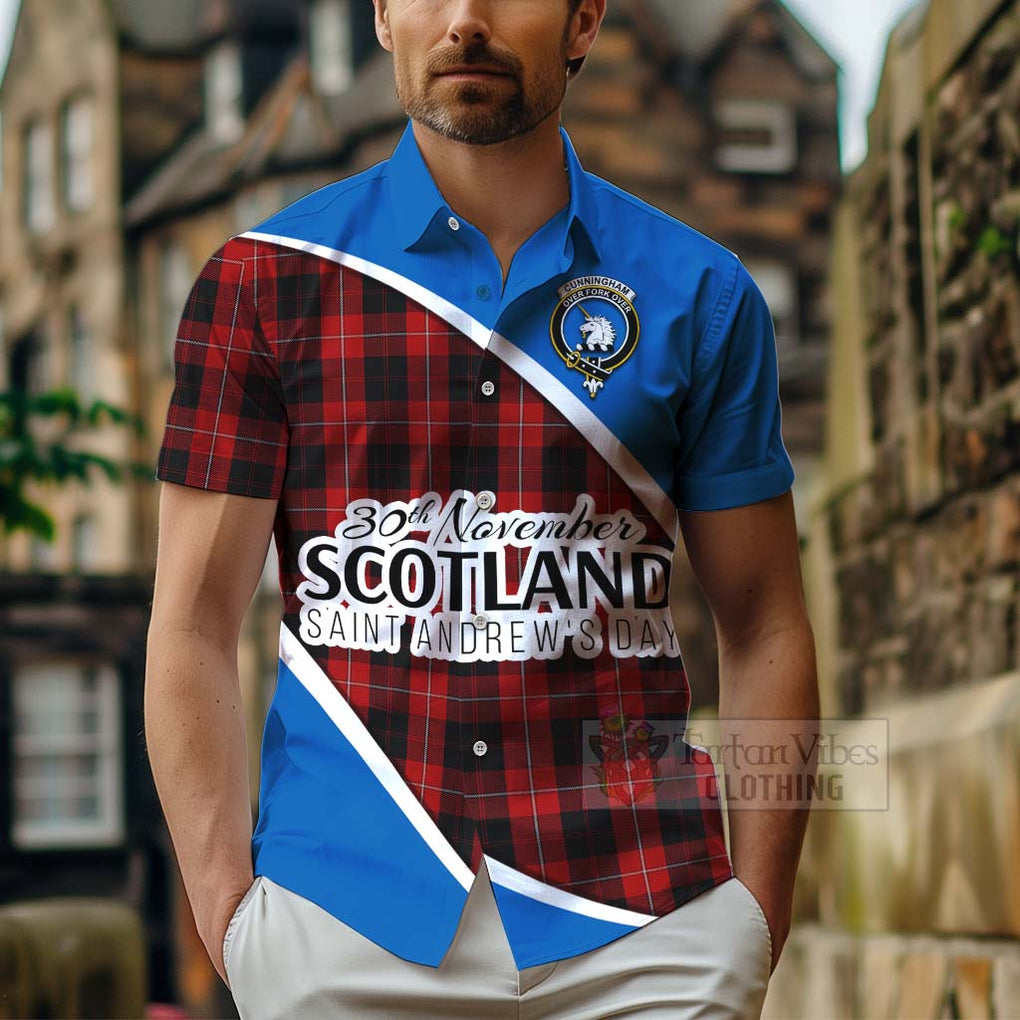 Tartan Vibes Clothing Cunningham Family Crest Tartan Short Sleeve Button Shirt Celebrate Saint Andrew's Day in Style