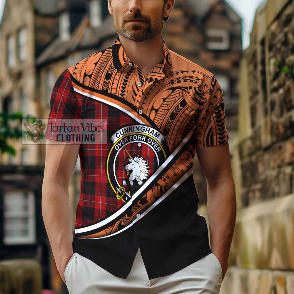 Tartan Vibes Clothing Cunningham Crest Tartan Short Sleeve Button Shirt with Maori Tattoo Style - Orange Version