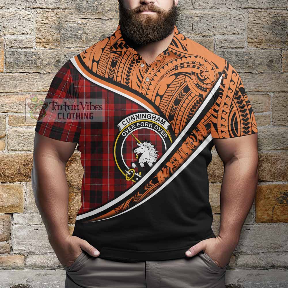 Tartan Vibes Clothing Cunningham Crest Tartan Polo Shirt with Maori Tattoo Style - Orange Version