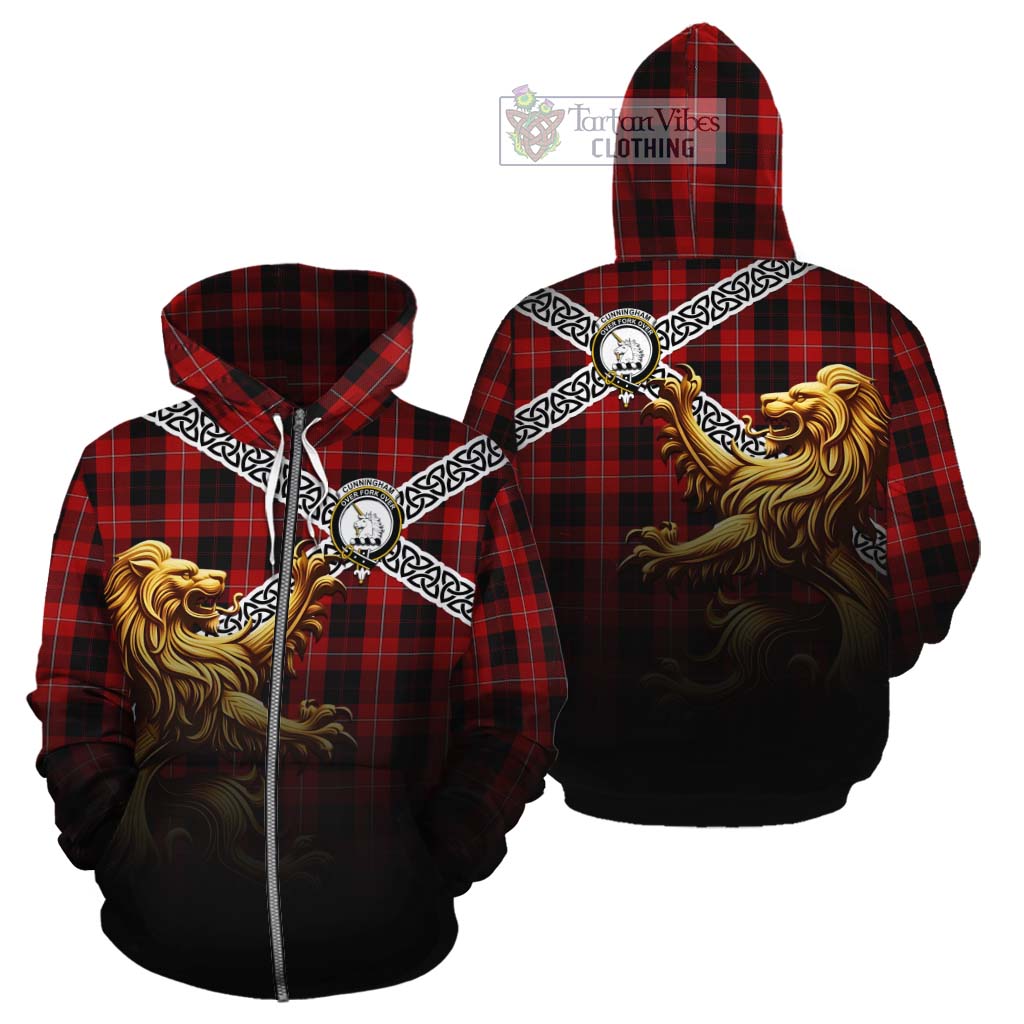 Cunningham Crest Tartan Cotton Hoodie with Golden Lion Emblem Celtic Style Zip Hoodie - Tartan Vibes Clothing