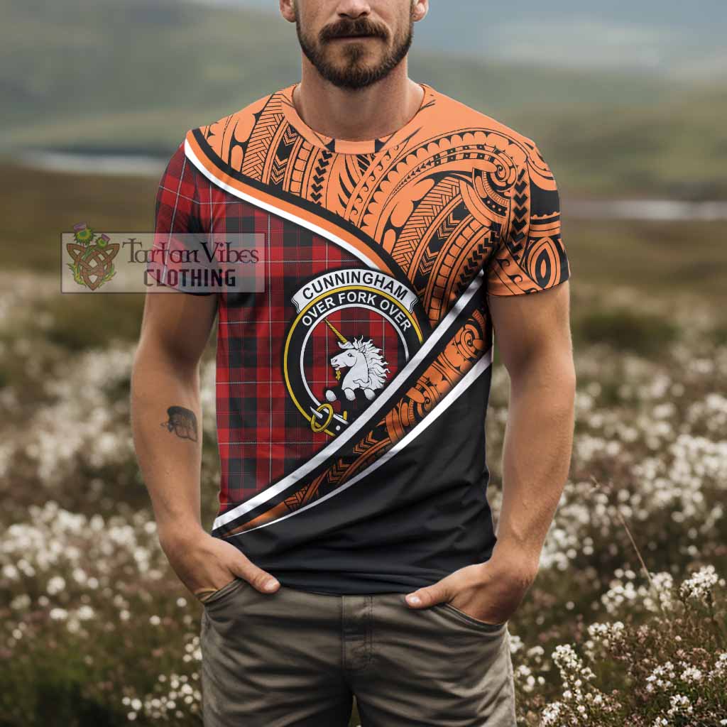 Tartan Vibes Clothing Cunningham Crest Tartan T-Shirt with Maori Tattoo Style - Orange Version