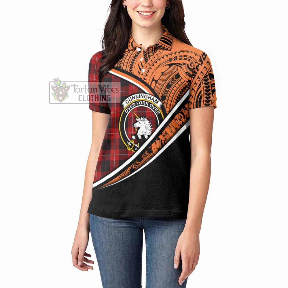 Tartan Vibes Clothing Cunningham Crest Tartan Women's Polo Shirt with Maori Tattoo Style - Orange Version