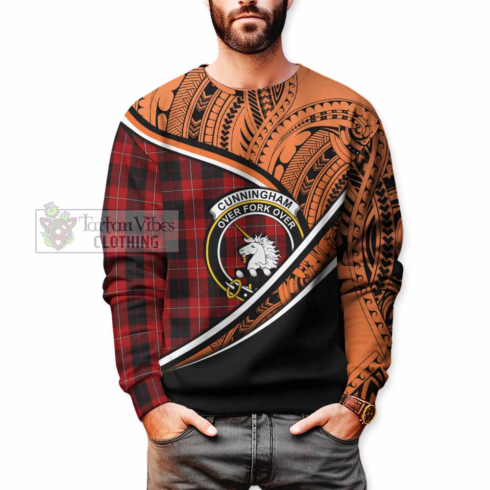 Tartan Vibes Clothing Cunningham Crest Tartan Sweatshirt with Maori Tattoo Style - Orange Version