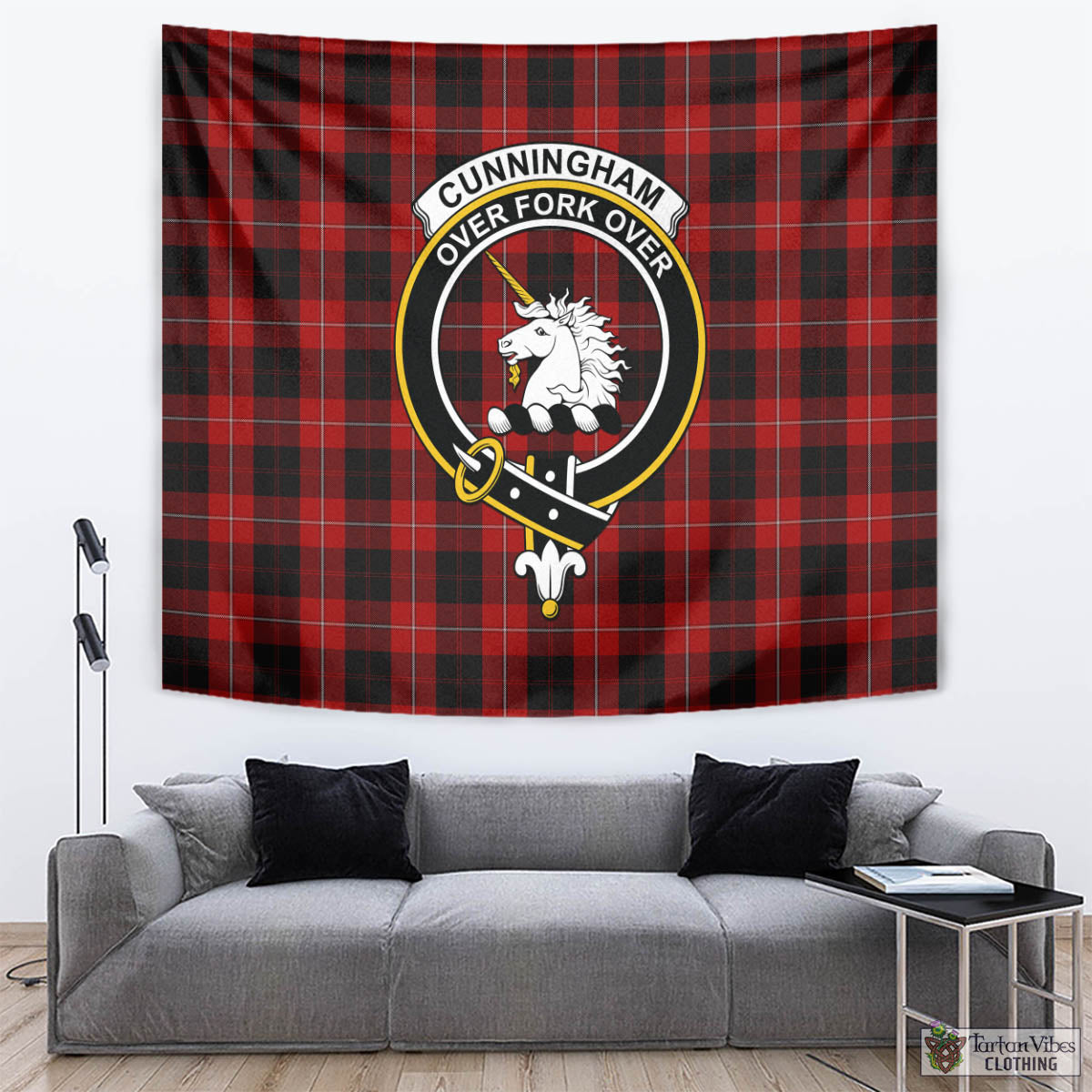 Tartan Vibes Clothing Cunningham Tartan Tapestry Wall Hanging and Home Decor for Room with Family Crest