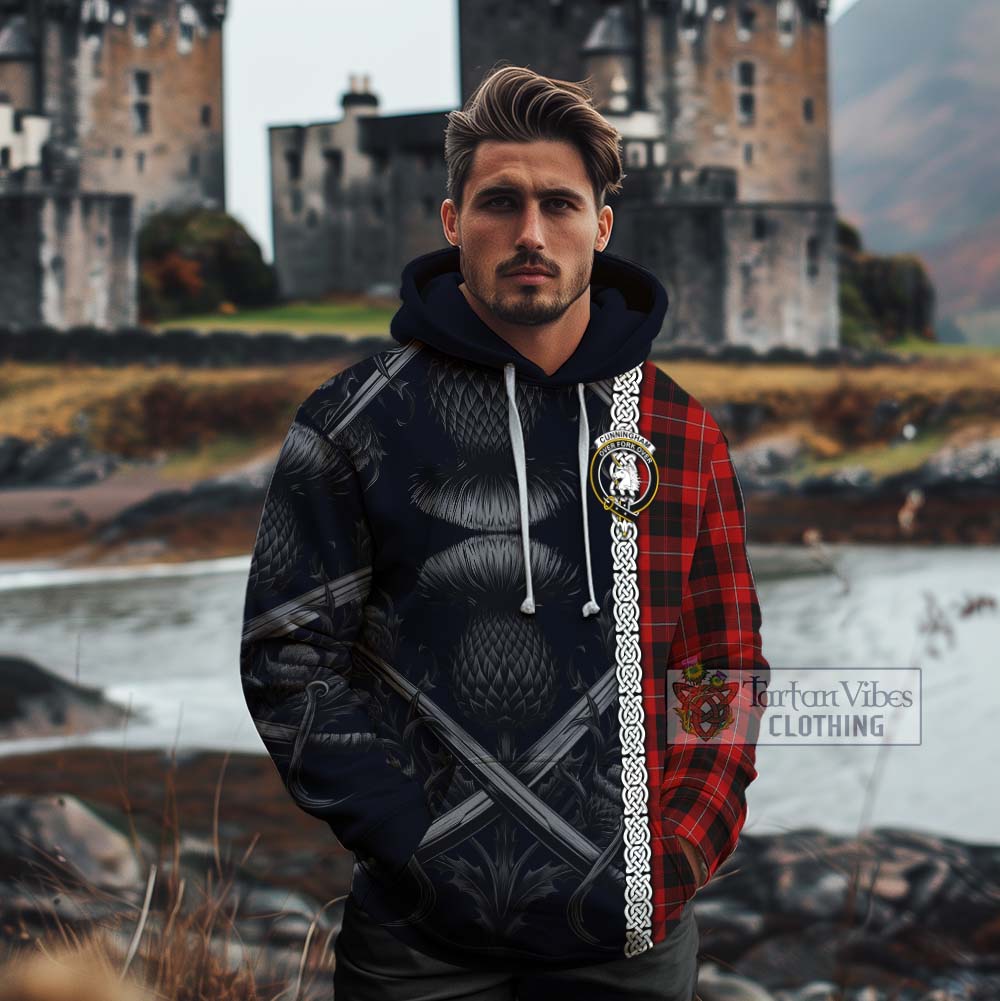 Cunningham Tartan Cotton Hoodie with Family Crest Cross Sword Thistle Celtic Vibes - Tartan Vibes Clothing