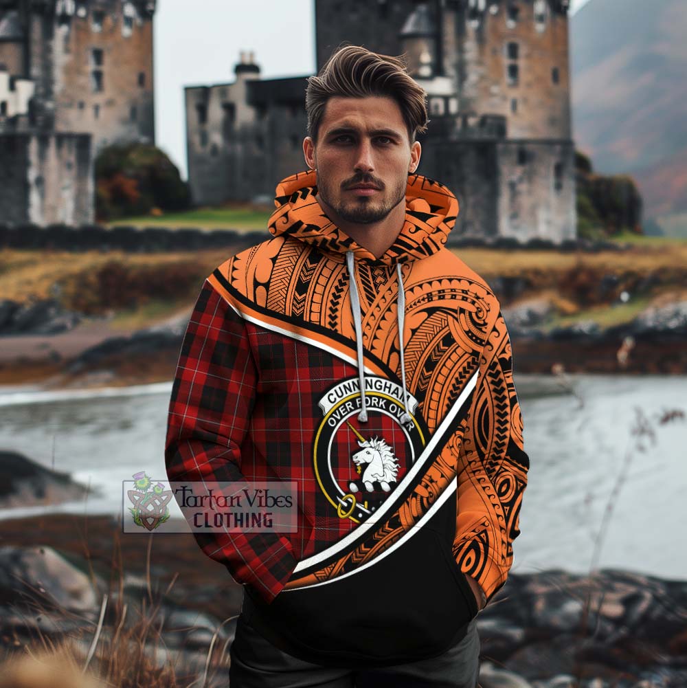 Tartan Vibes Clothing Cunningham Crest Tartan Cotton Hoodie with Maori Tattoo Style - Orange Version