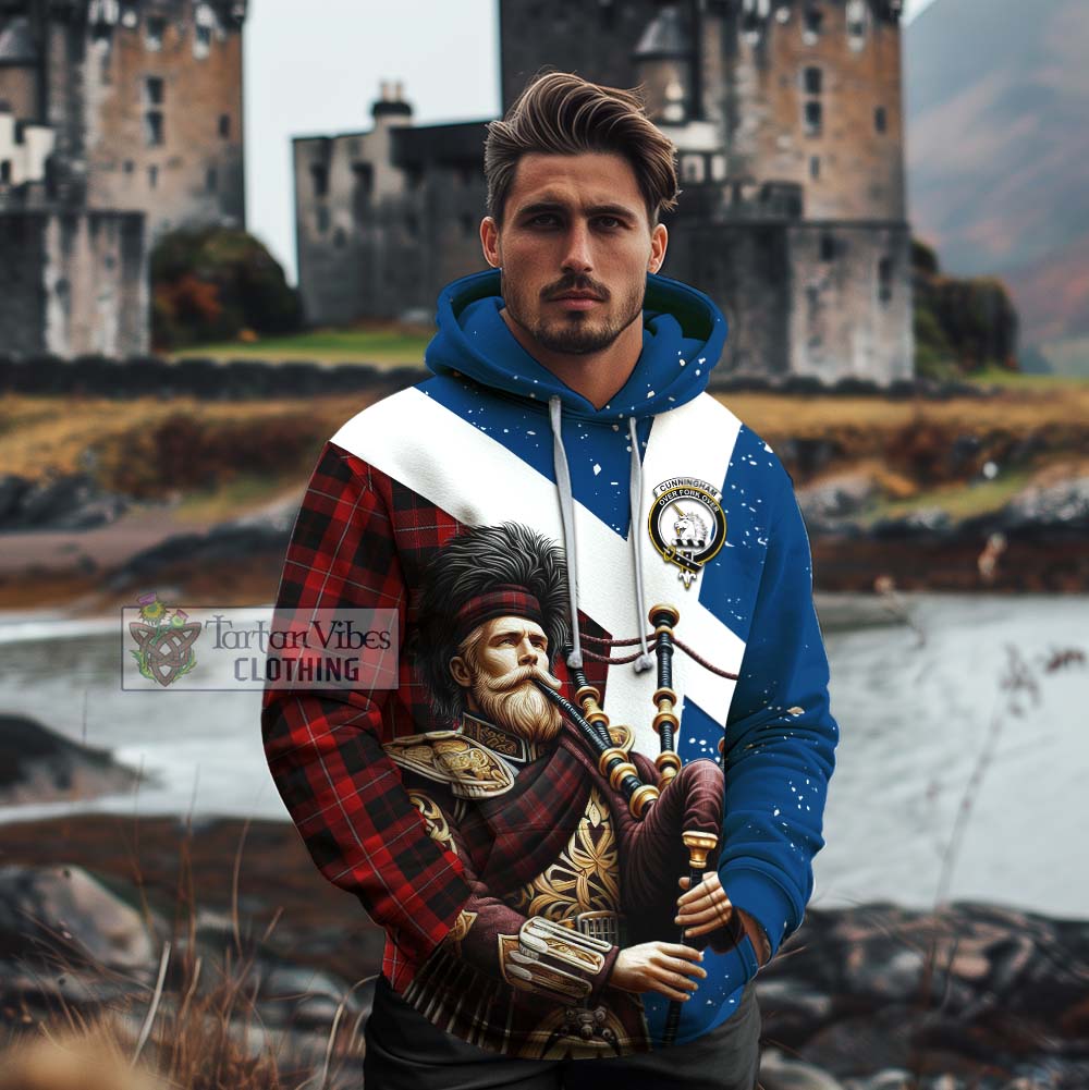 Tartan Vibes Clothing Cunningham Tartan Cotton Hoodie with Family Crest Scottish Bagpiper Vibes