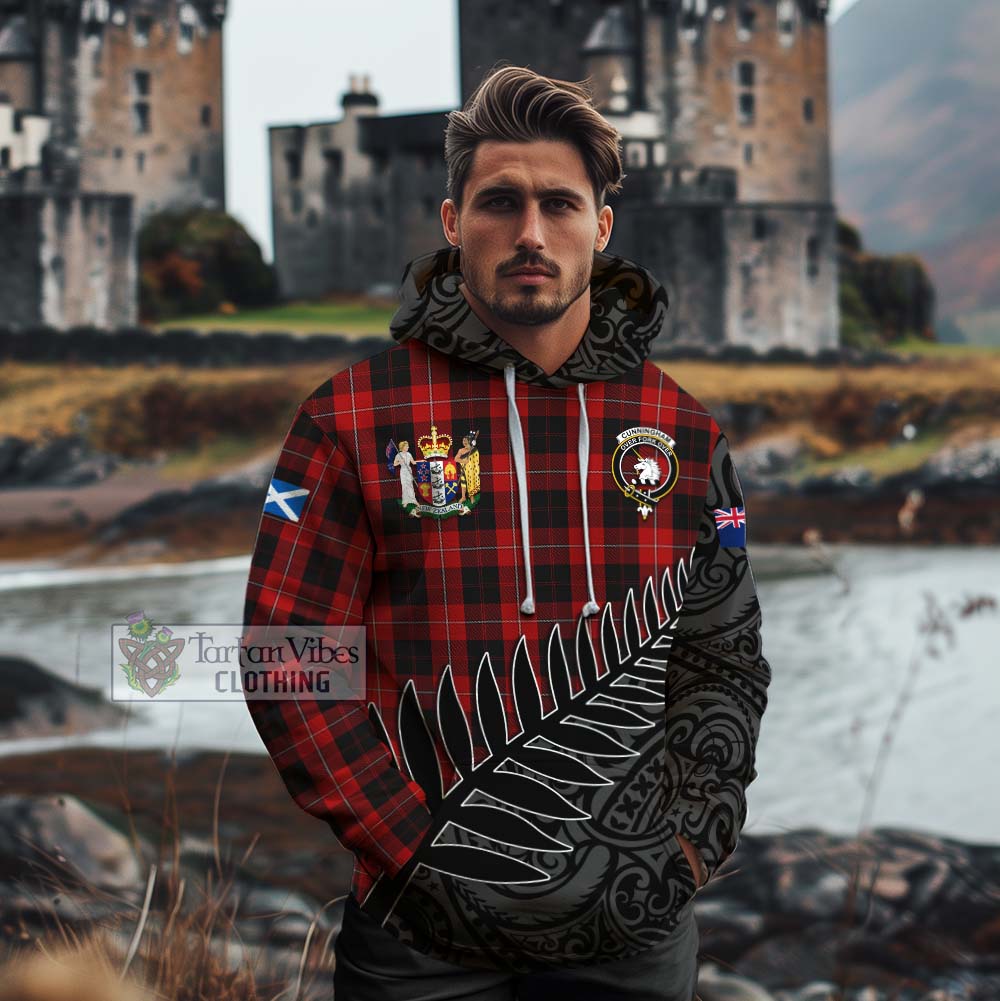 Tartan Vibes Clothing Cunningham Crest Tartan Cotton Hoodie with New Zealand Silver Fern Half Style