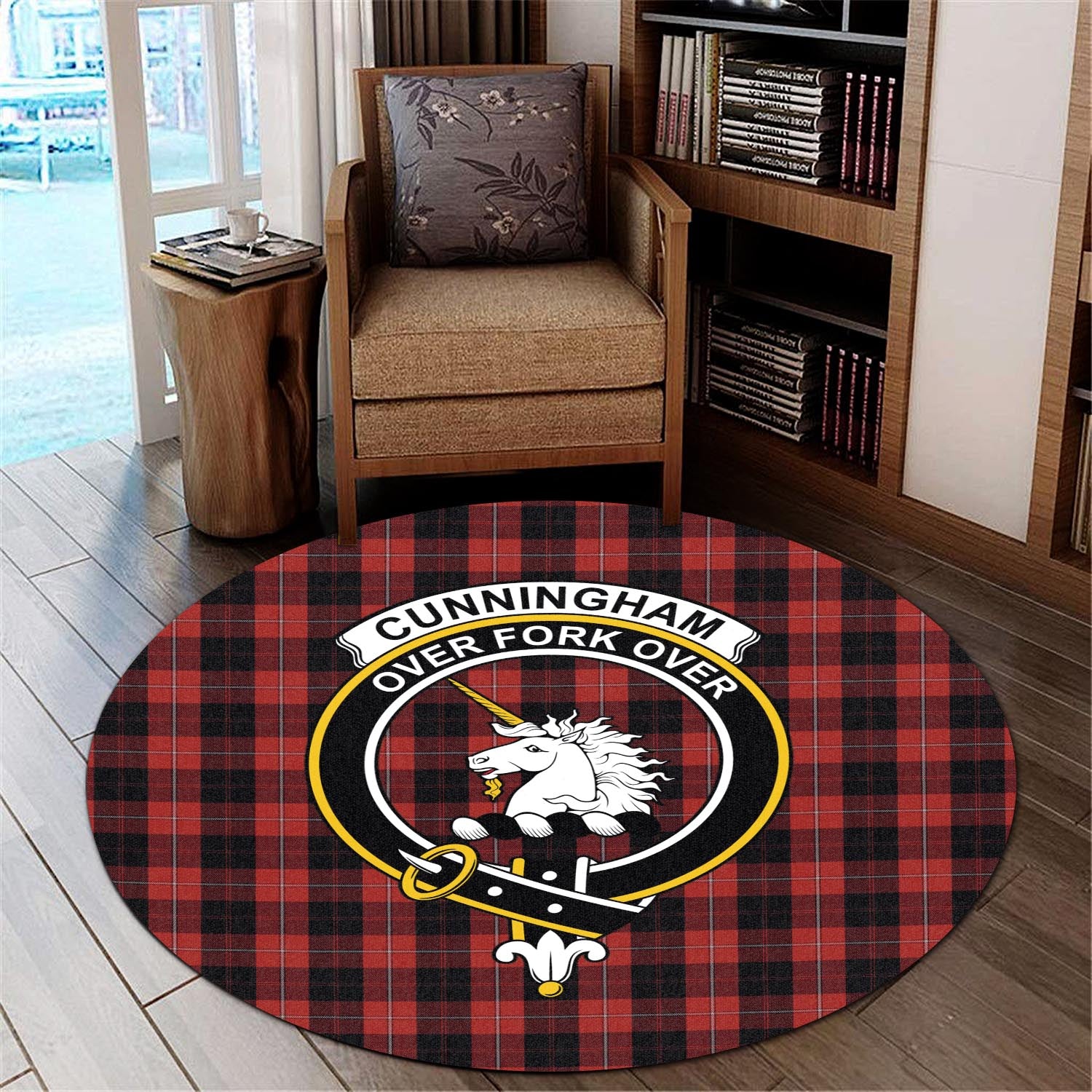 Cunningham Tartan Round Rug with Family Crest - Tartanvibesclothing