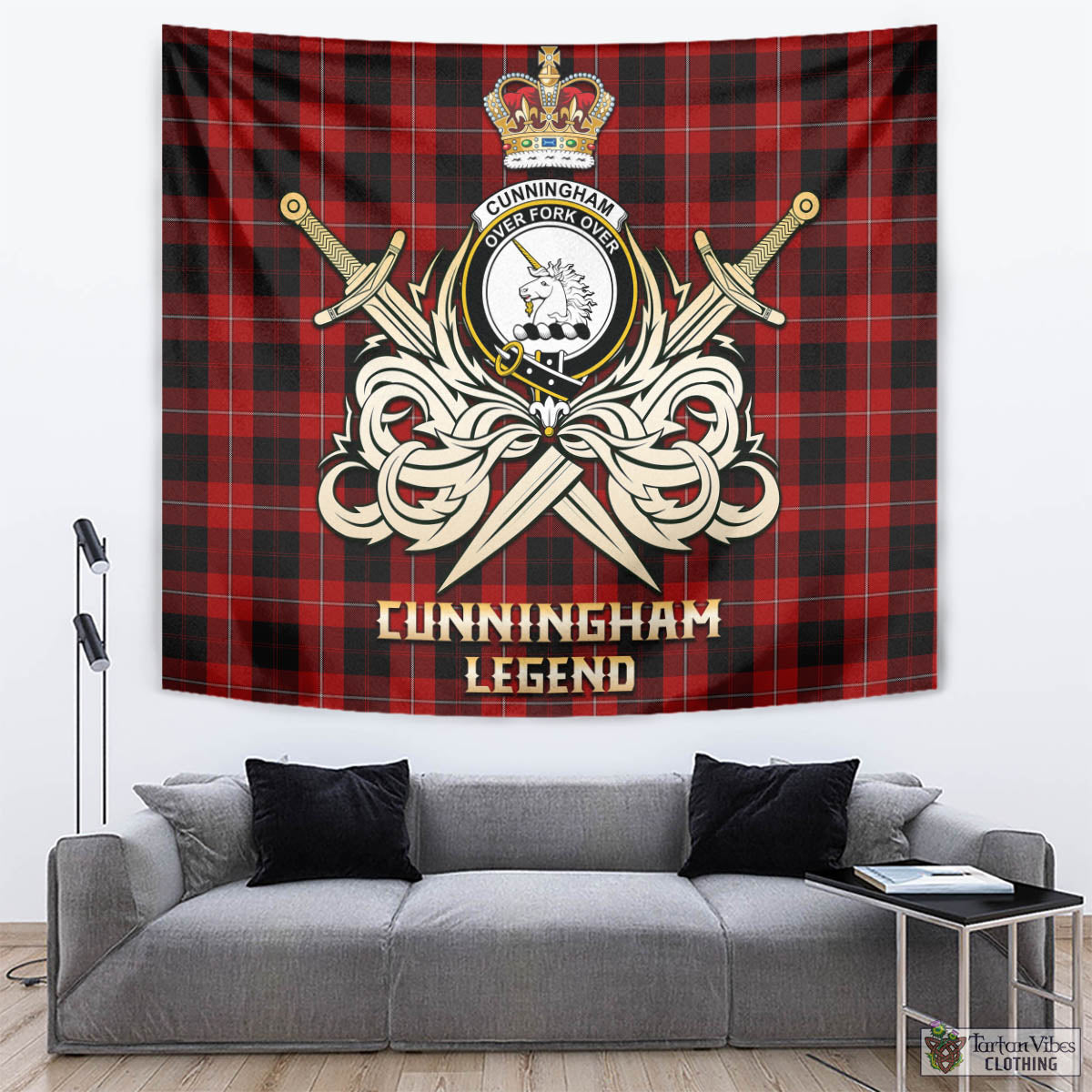 Tartan Vibes Clothing Cunningham Tartan Tapestry with Clan Crest and the Golden Sword of Courageous Legacy