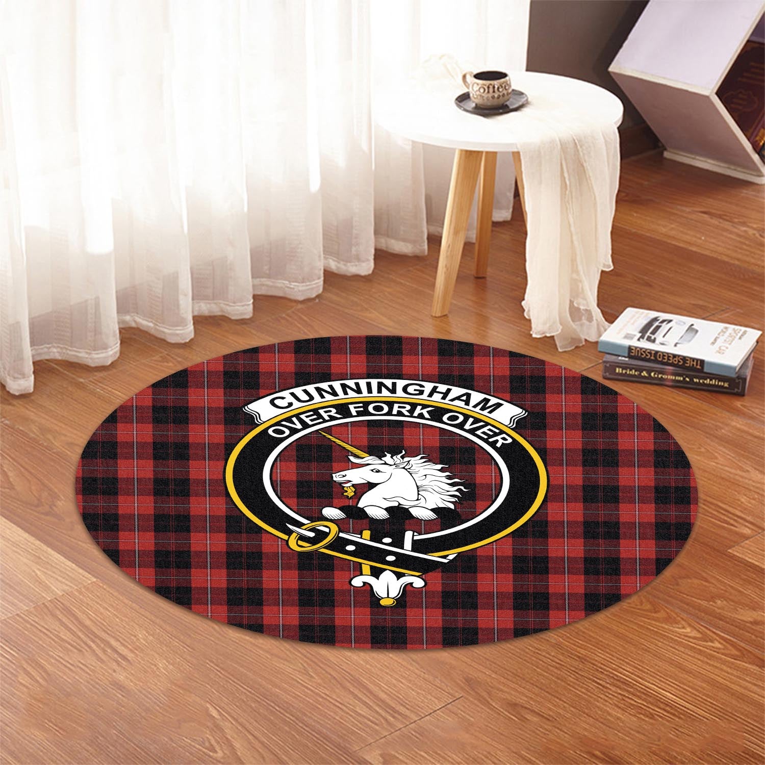 Cunningham Tartan Round Rug with Family Crest - Tartanvibesclothing