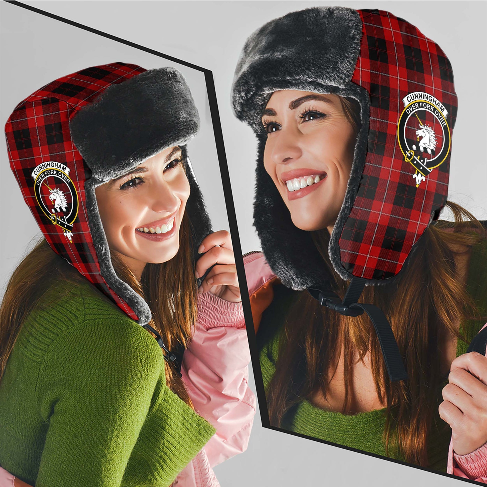 Cunningham Tartan Winter Trapper Hat with Family Crest - Tartanvibesclothing