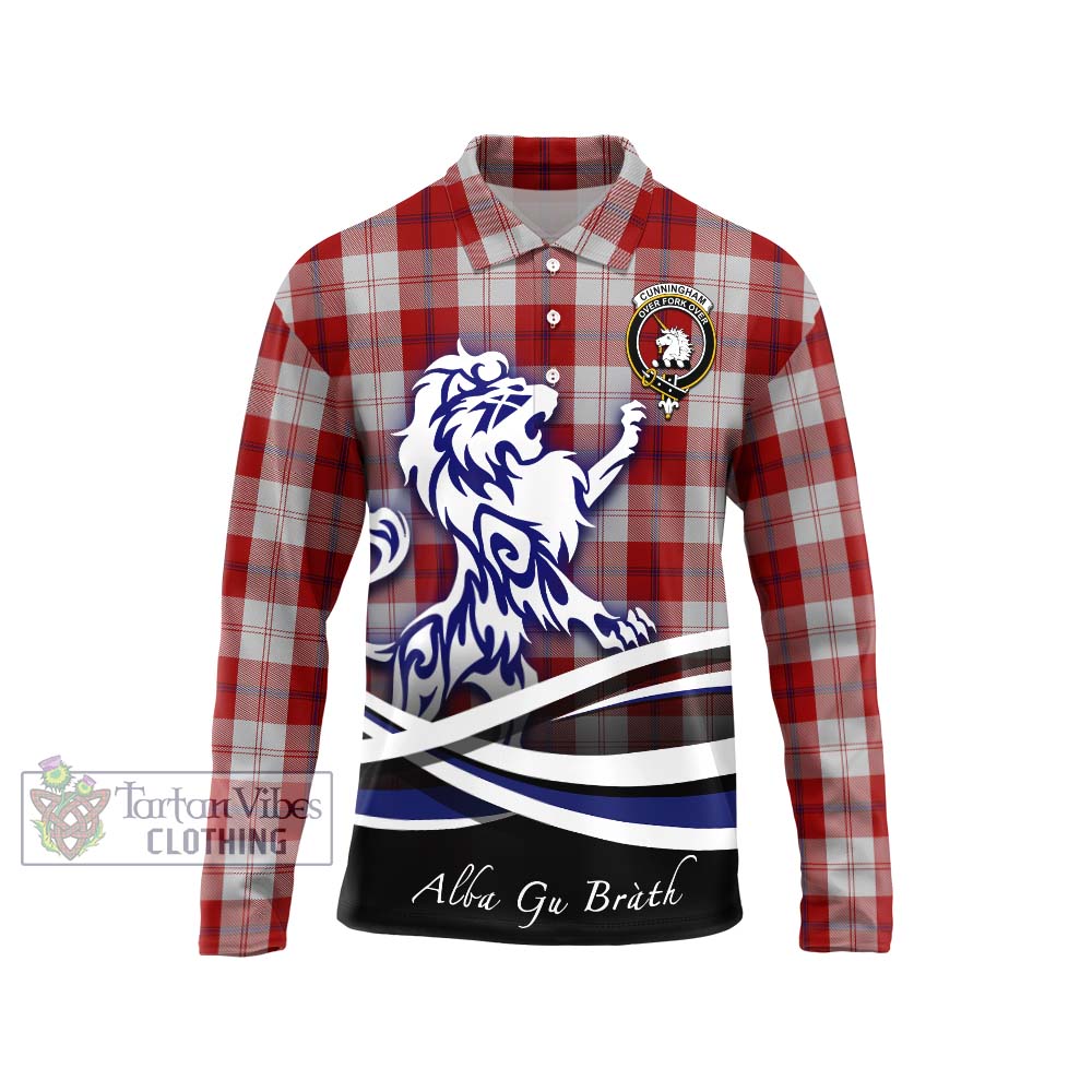 Cunningham Dress Tartan Long Sleeve Polo Shirt with Alba Gu Brath Regal Lion Emblem Unisex - Tartanvibesclothing Shop