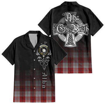 Cunningham Dress Tartan Short Sleeve Button Up Shirt Featuring Alba Gu Brath Family Crest Celtic Inspired