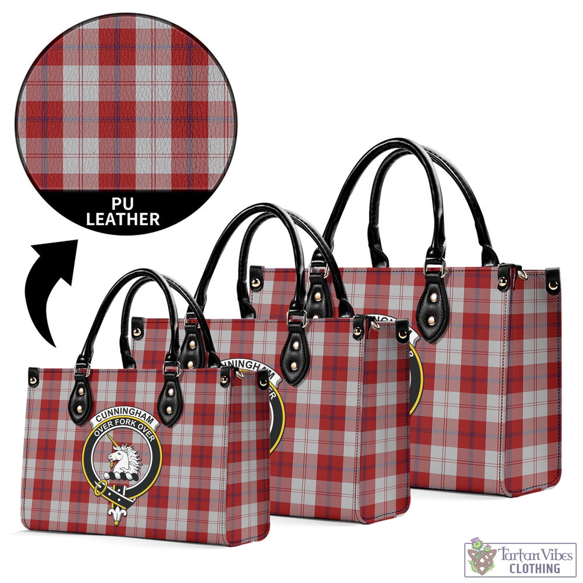 Tartan Vibes Clothing Cunningham Dress Tartan Luxury Leather Handbags with Family Crest