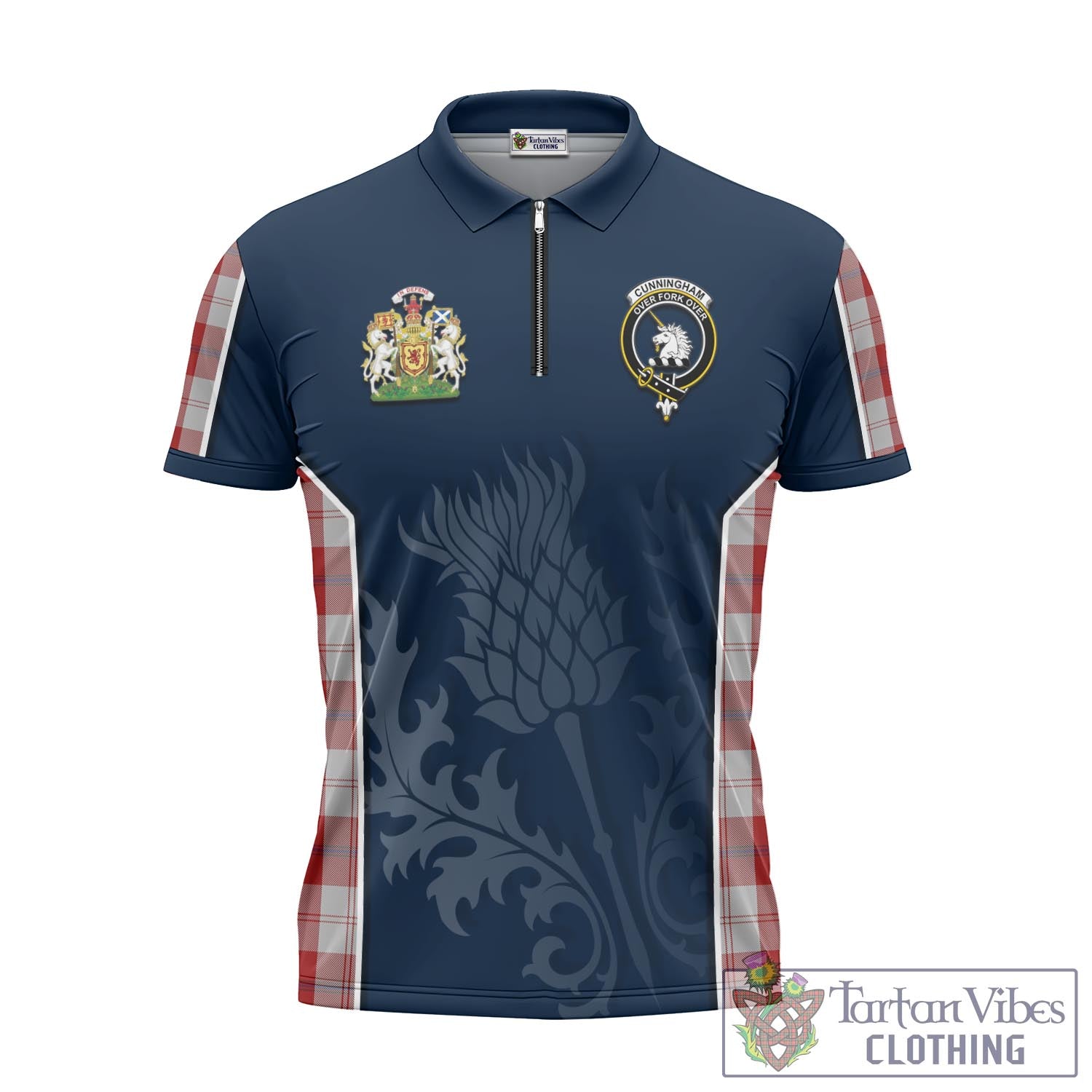 Tartan Vibes Clothing Cunningham Dress Tartan Zipper Polo Shirt with Family Crest and Scottish Thistle Vibes Sport Style