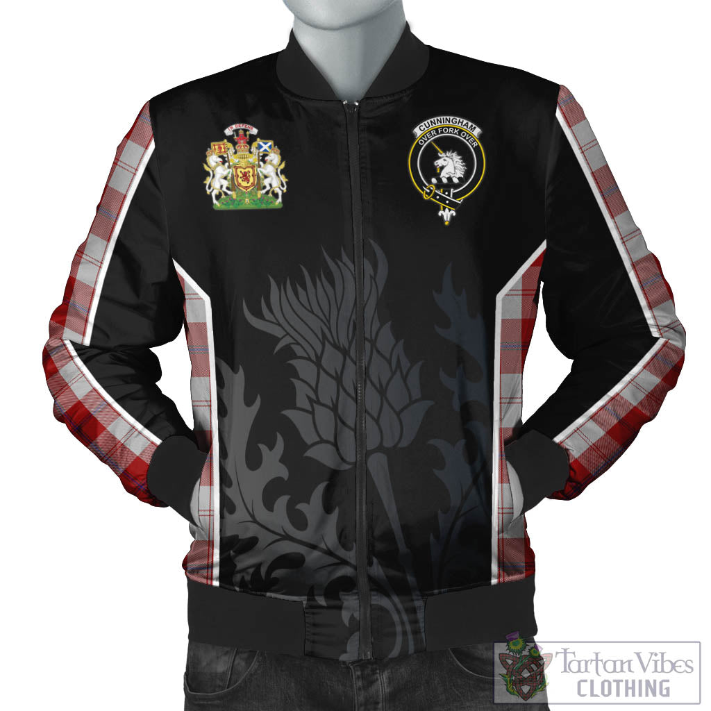 Tartan Vibes Clothing Cunningham Dress Tartan Bomber Jacket with Family Crest and Scottish Thistle Vibes Sport Style