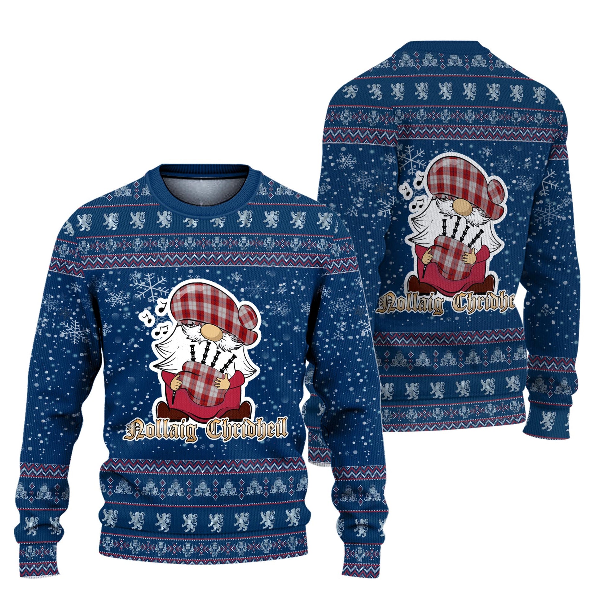 Cunningham Dress Clan Christmas Family Knitted Sweater with Funny Gnome Playing Bagpipes Unisex Blue - Tartanvibesclothing