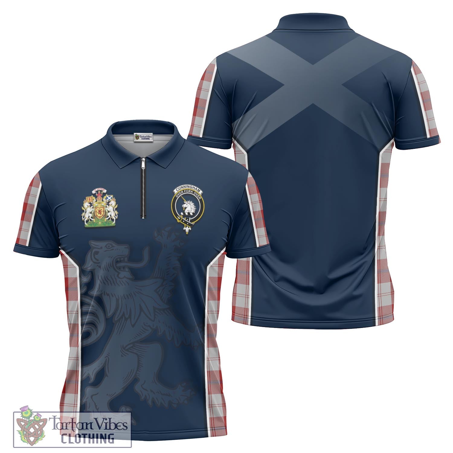 Tartan Vibes Clothing Cunningham Dress Tartan Zipper Polo Shirt with Family Crest and Lion Rampant Vibes Sport Style