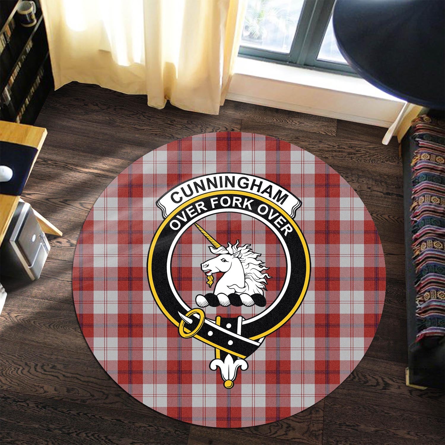 Cunningham Dress Tartan Round Rug with Family Crest - Tartanvibesclothing