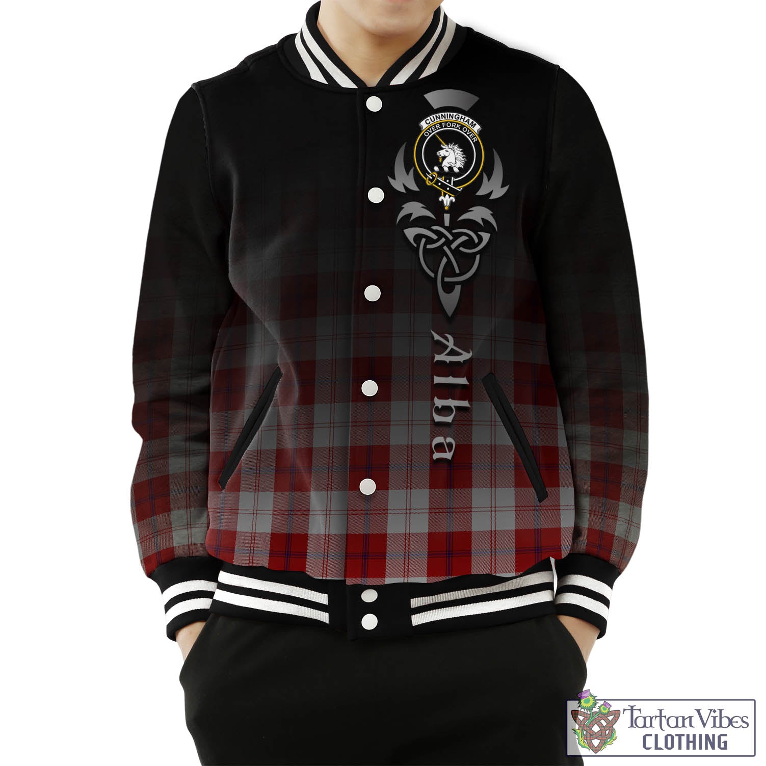 Tartan Vibes Clothing Cunningham Dress Tartan Baseball Jacket Featuring Alba Gu Brath Family Crest Celtic Inspired