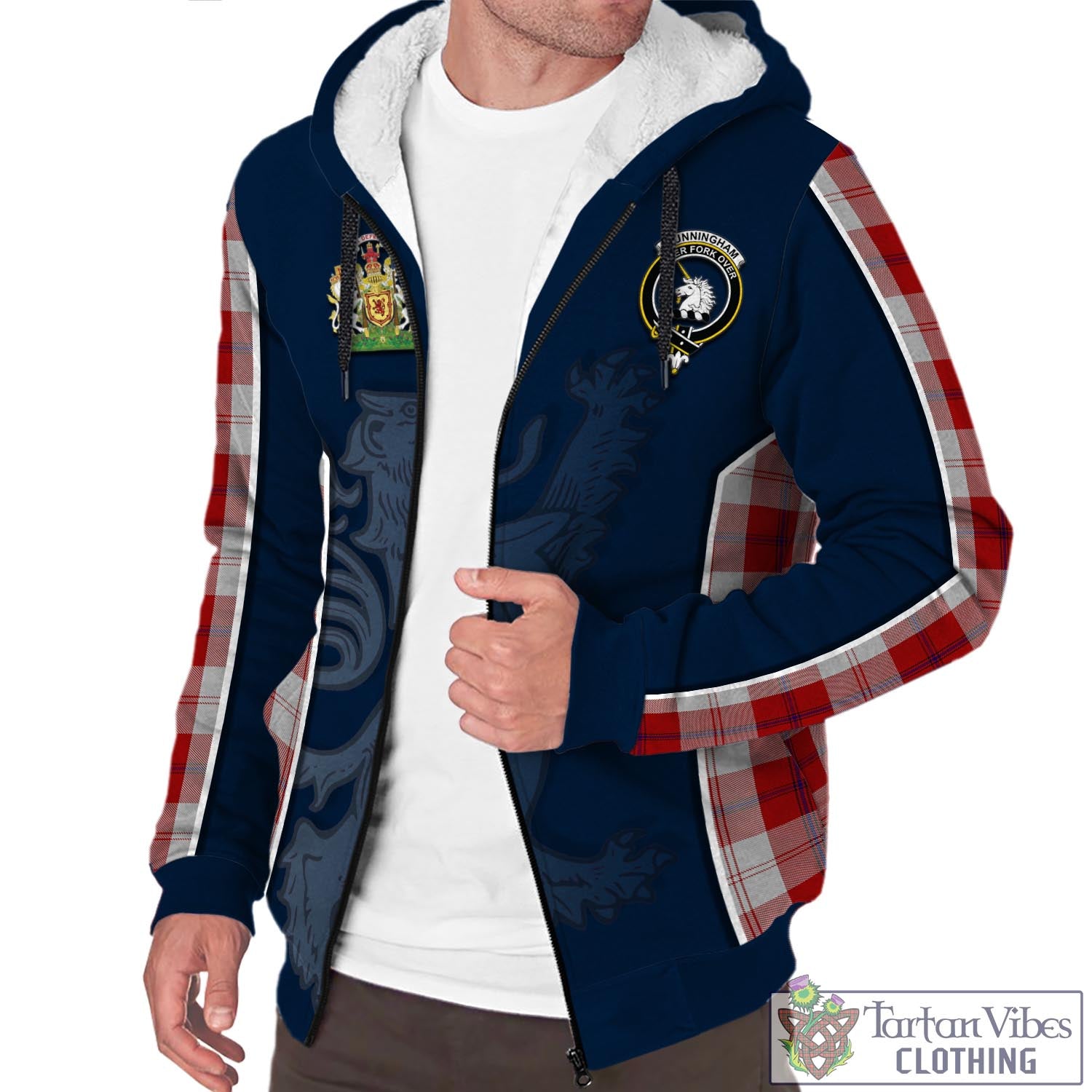 Tartan Vibes Clothing Cunningham Dress Tartan Sherpa Hoodie with Family Crest and Lion Rampant Vibes Sport Style