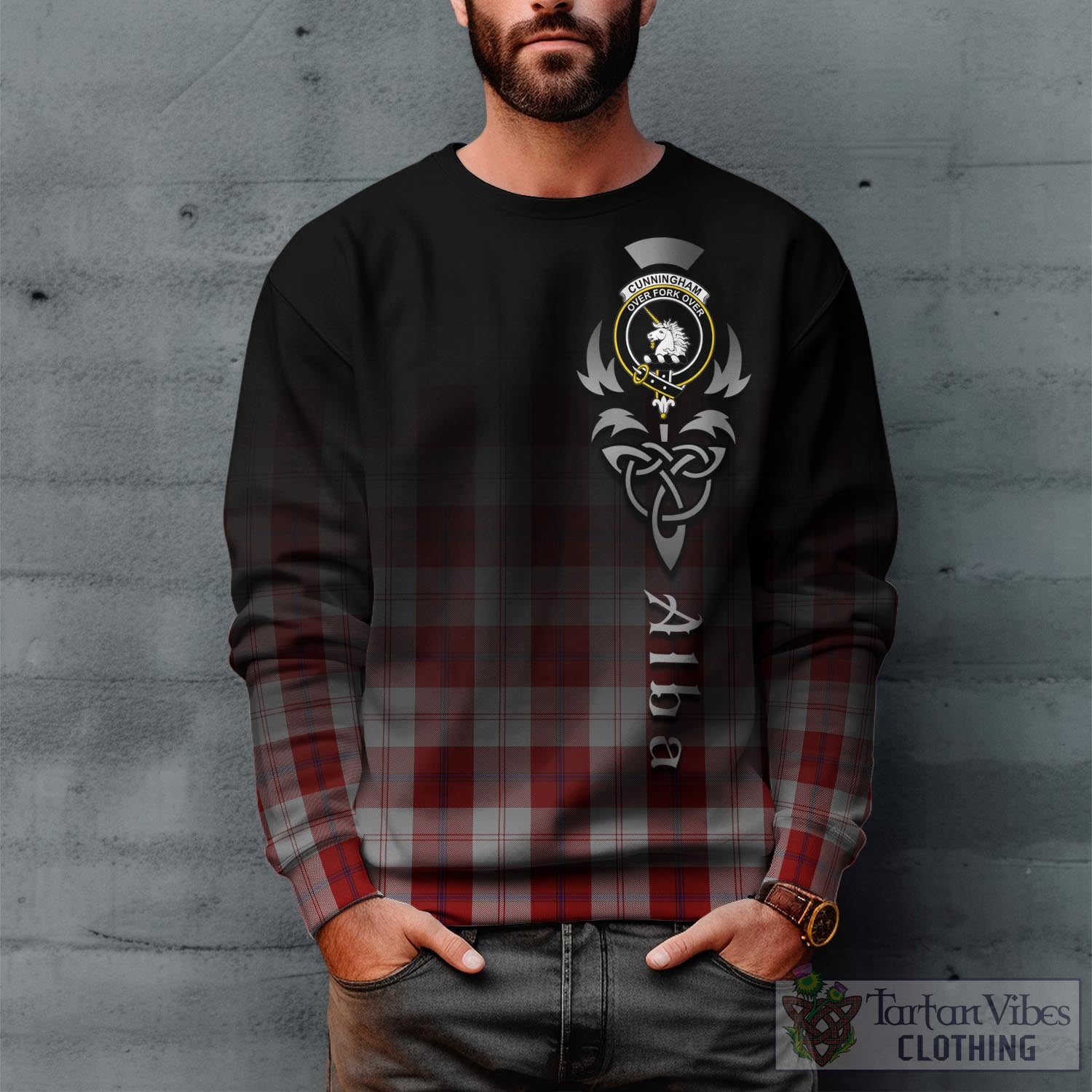 Tartan Vibes Clothing Cunningham Dress Tartan Sweatshirt Featuring Alba Gu Brath Family Crest Celtic Inspired