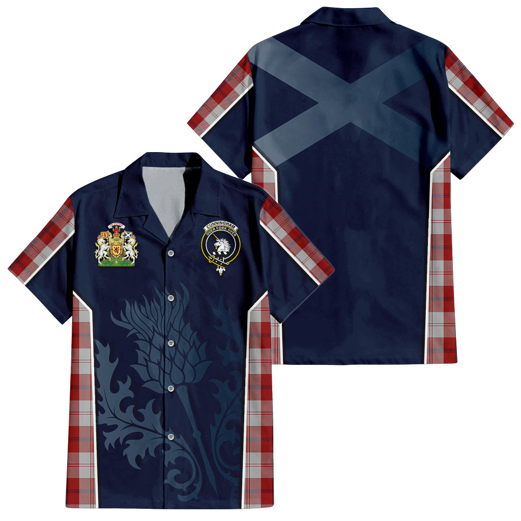 Tartan Vibes Clothing Cunningham Dress Tartan Short Sleeve Button Up Shirt with Family Crest and Scottish Thistle Vibes Sport Style