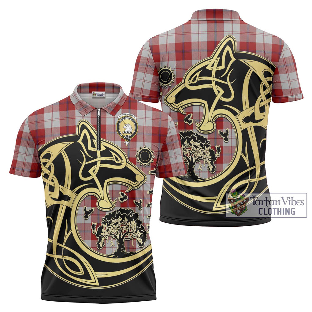 Cunningham Dress Tartan Zipper Polo Shirt with Family Crest Celtic Wolf Style Unisex - Tartanvibesclothing Shop