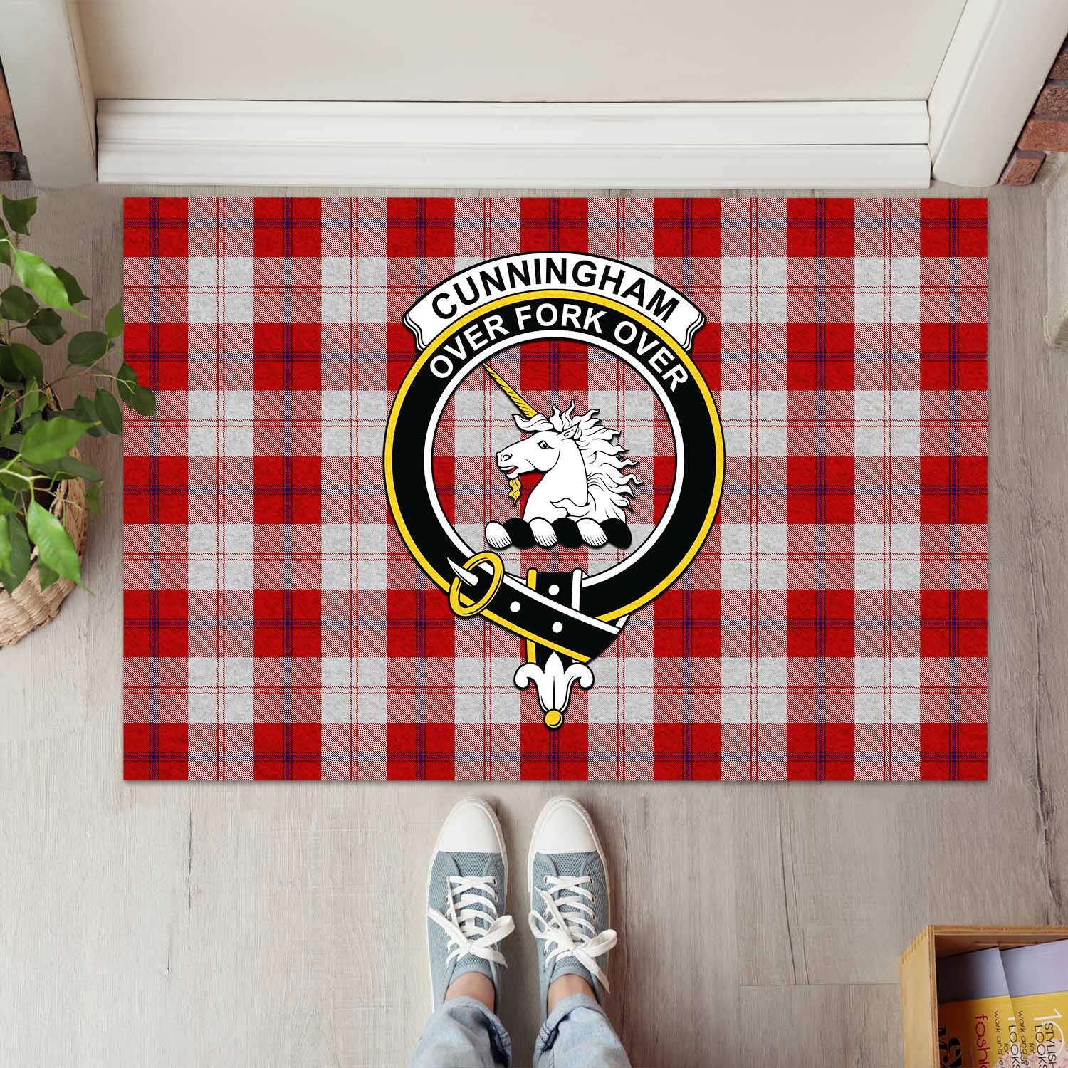 Cunningham Dress Tartan Door Mat with Family Crest - Tartanvibesclothing