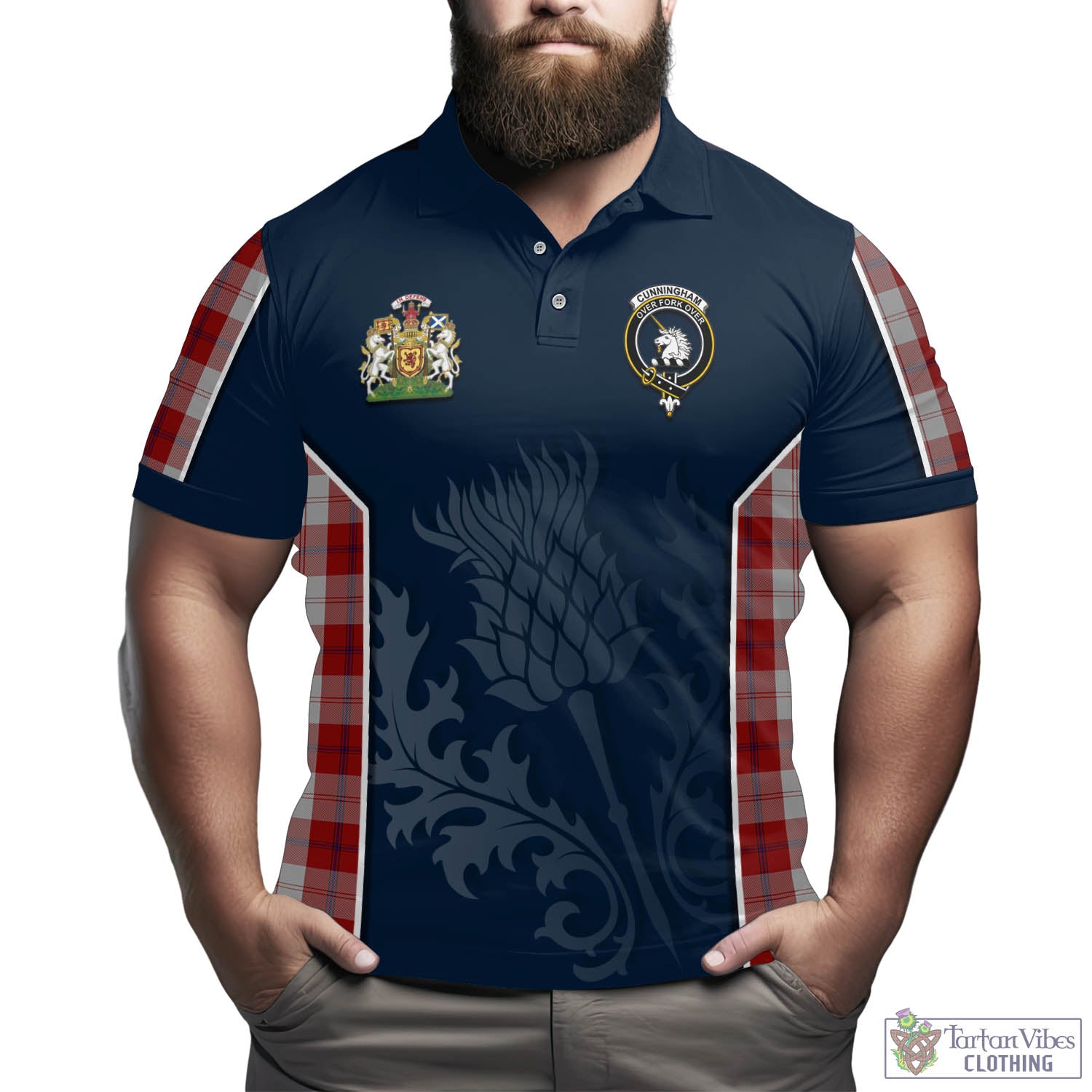 Tartan Vibes Clothing Cunningham Dress Tartan Men's Polo Shirt with Family Crest and Scottish Thistle Vibes Sport Style