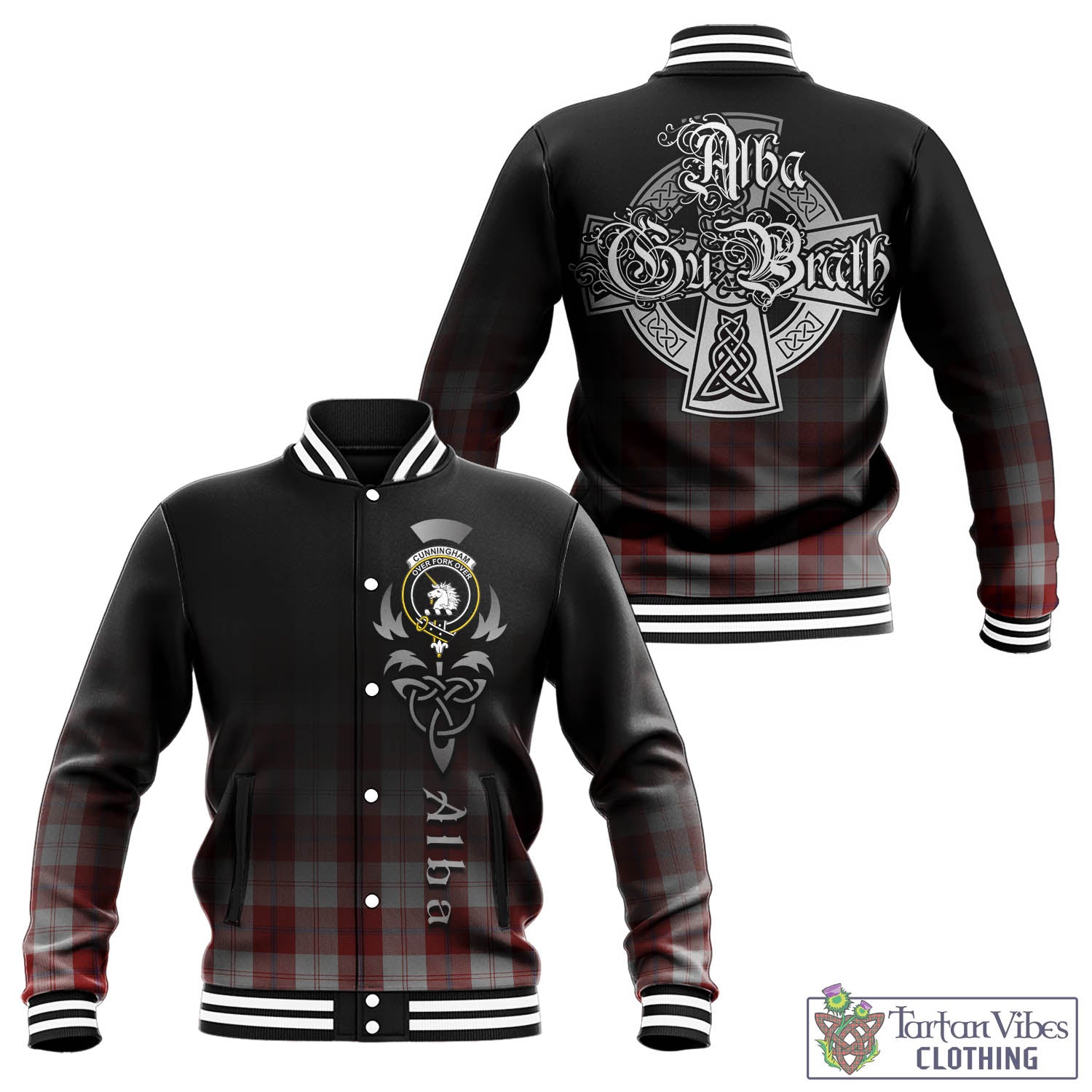 Tartan Vibes Clothing Cunningham Dress Tartan Baseball Jacket Featuring Alba Gu Brath Family Crest Celtic Inspired